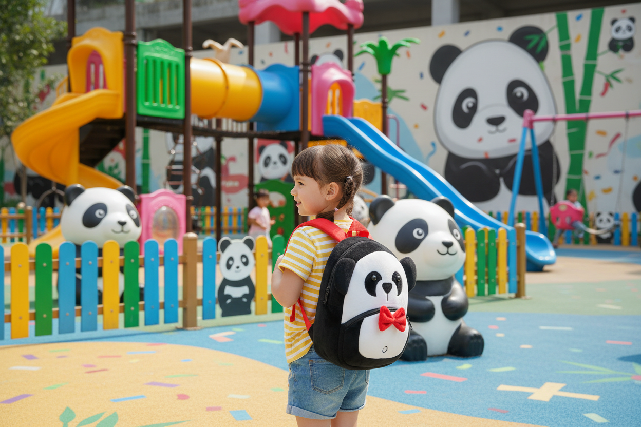 Plush panda backpack with black-and-white face and red bow, padded shoulder straps