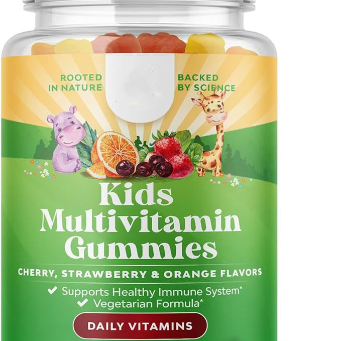 Children's multivitamin gummy bottle front label with cherry, strawberry, and orange flavors