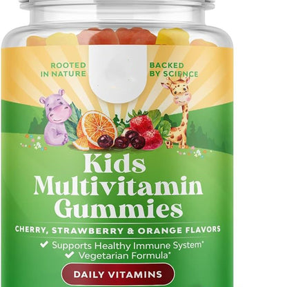 Children's multivitamin gummy bottle front label with cherry, strawberry, and orange flavors