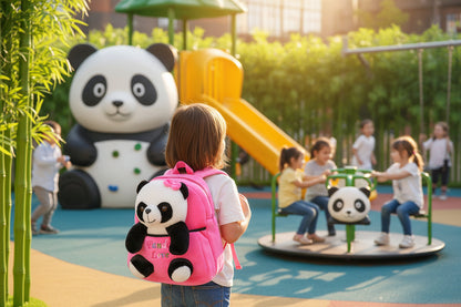 Pink cartoon panda backpack with plush panda face and front pocket
