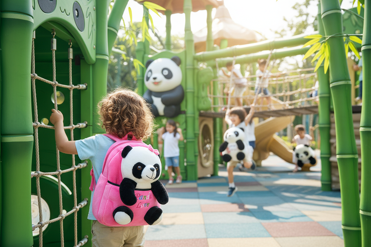Pink cartoon panda backpack with plush panda front and padded straps