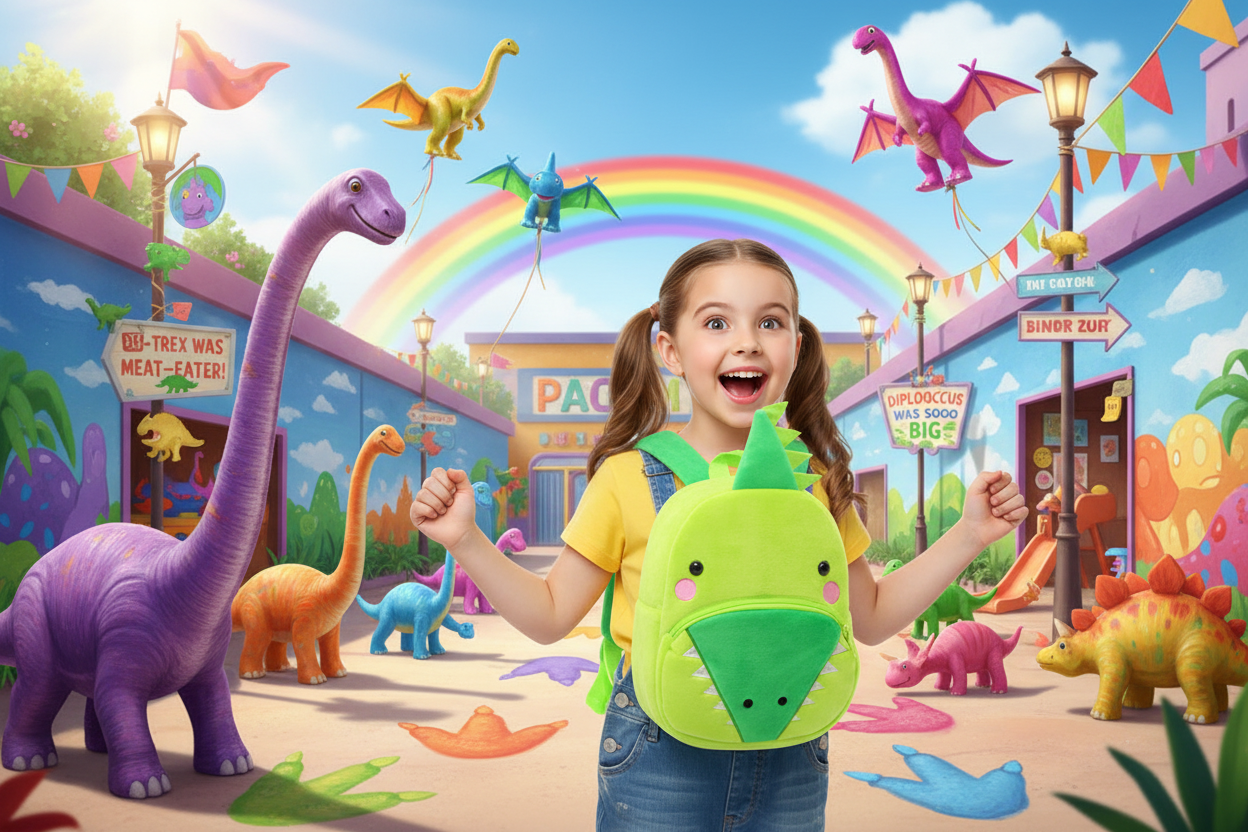 Kids animal backpack with bright green dinosaur face, scales pattern and top handle