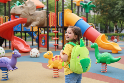 Kids animal backpack shaped like a green dinosaur with friendly face and front zipper