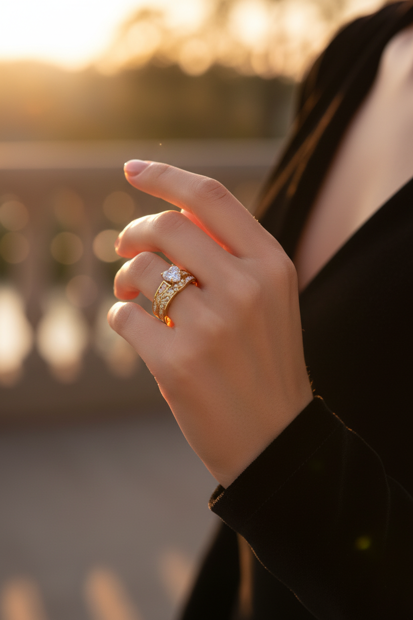 Gold-toned zircon ring with square centerpiece and curved side stones
