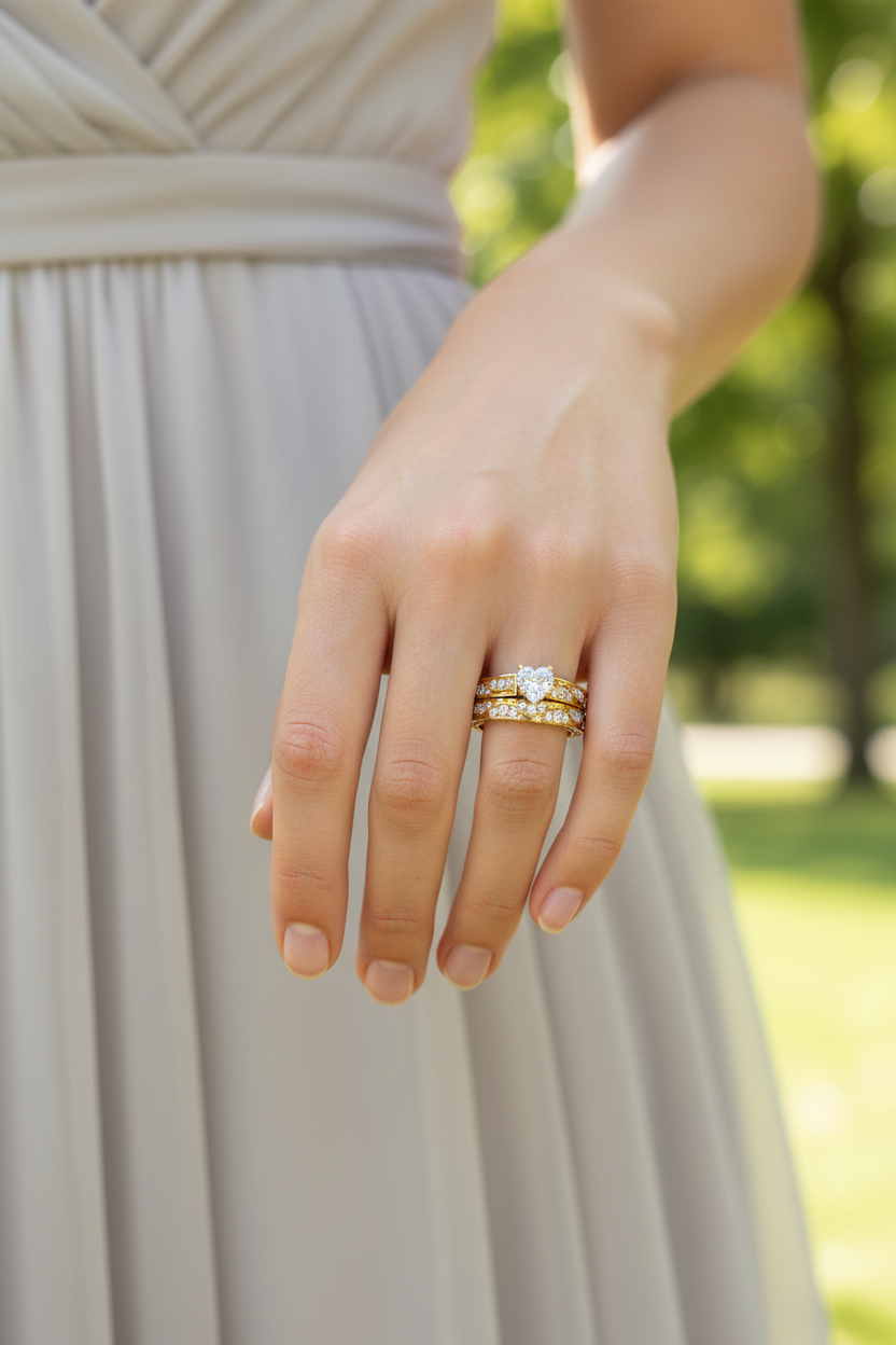 Gold-toned zircon band ring with clustered stones on the ring face