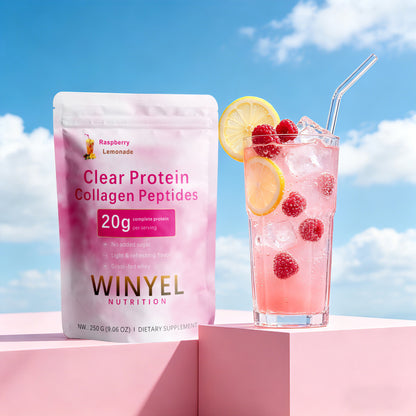WINYEL clear protein collagen peptides pouch with raspberry-lemonade smoothie