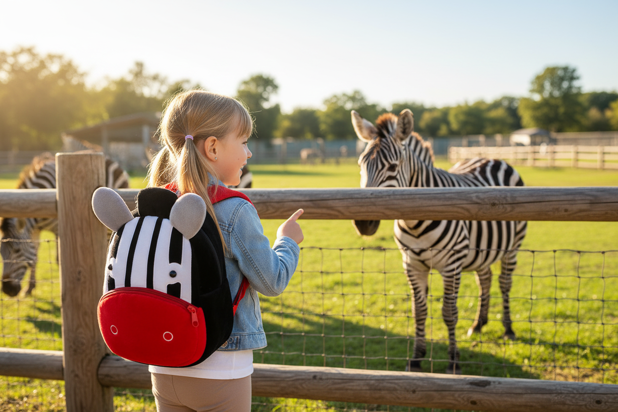 Plush zebra backpack with black-and-white face, red strap accents, kids carry bag