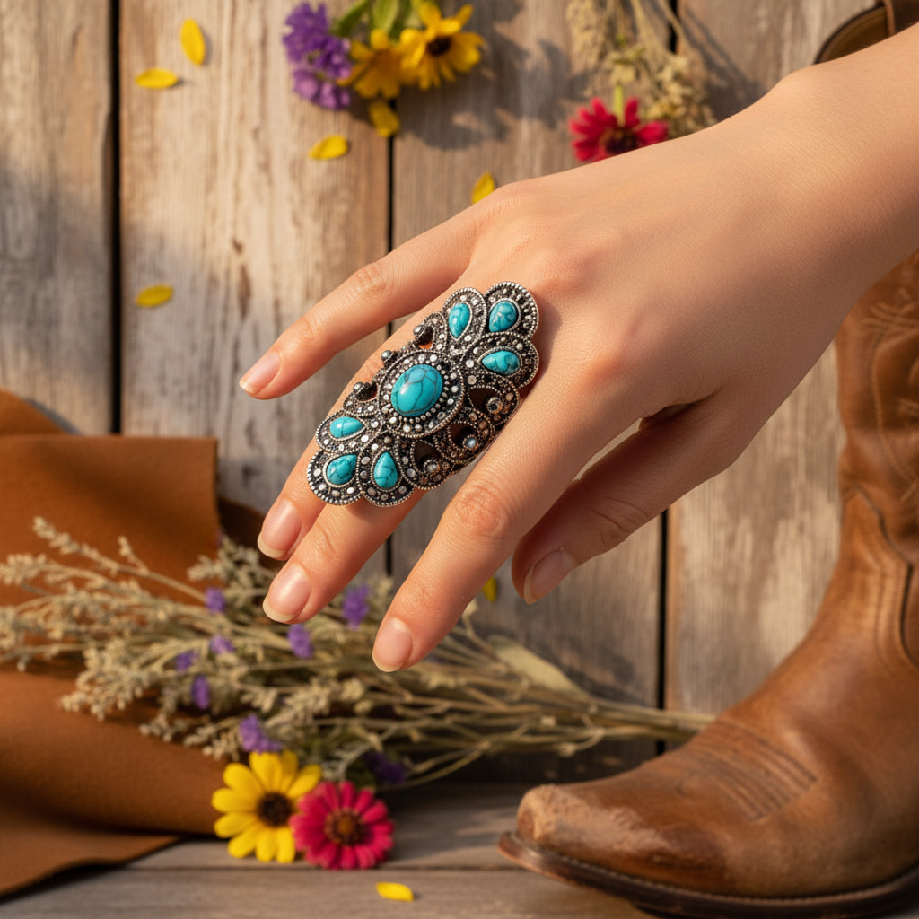 Statement turquoise ring with ornate antique silver setting and multiple oval stones