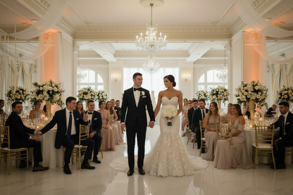 White lace fishtail wedding dress with strapless bodice and flowing skirt train