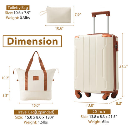 Hard shell Luggage Sets 3 Piece Carry-on Suitcases With Wheels, TSA Lock For Men Women-White