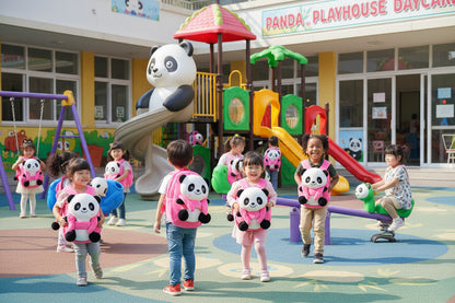 Pink plush panda children’s school bag backpack with cartoon panda face and round nose.