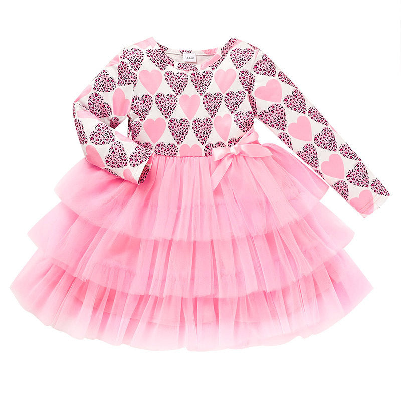 Toddler Girls Outfits Long Sleeve Graphic Heart Print Mesh Tulle Valentine Birthday Party Dress