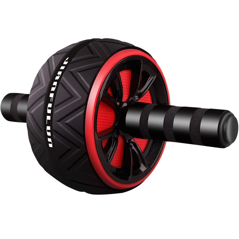 Abdominal wheel with black body and red rim, textured tread wheel and foam handles