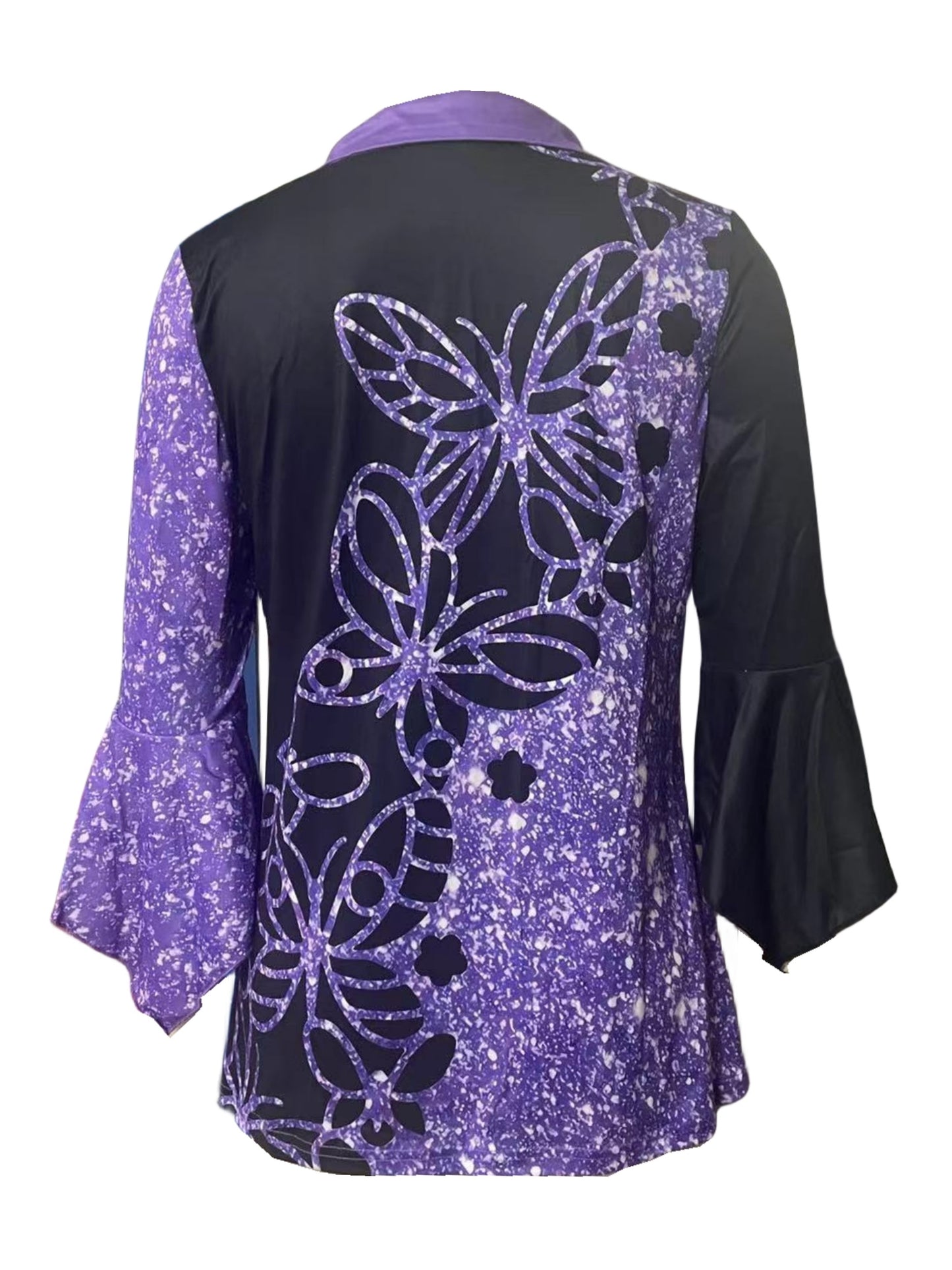 Spring And Autumn New Printed Lapel Three-quarter Sleeve T-shirt Irregular Cuff Button Top