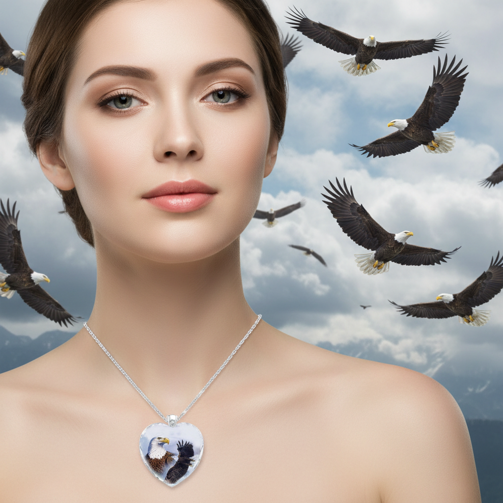 Silver chain bird pendant necklace with clear heart crystal and flying bird graphic