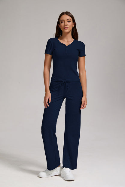 Women's Casual Two-piece Set With V-neck Button, Short Sleeved, Low Waisted Flared Pants, Sportswear