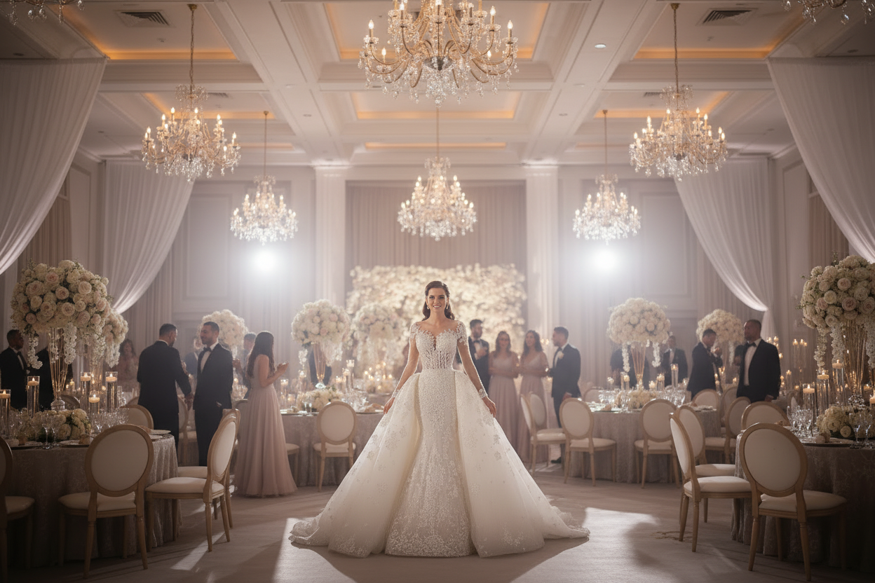 White long-sleeve mermaid wedding dress with lace illusion bodice and wide flared skirt.