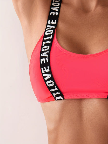 Women's Fashionable Bikini - Sexy Pink Lettered Shoulder Strap Swimsuit Set For  Vacation Style