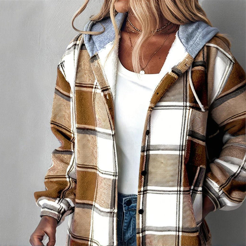 Women's Plaid Drawstring Hoodie Long Sleeve Shirt Button Front Casual Tops Minimalist Style