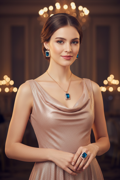 Water-drop crystal jewelry set with blue square pendant, drop earrings, and ring
