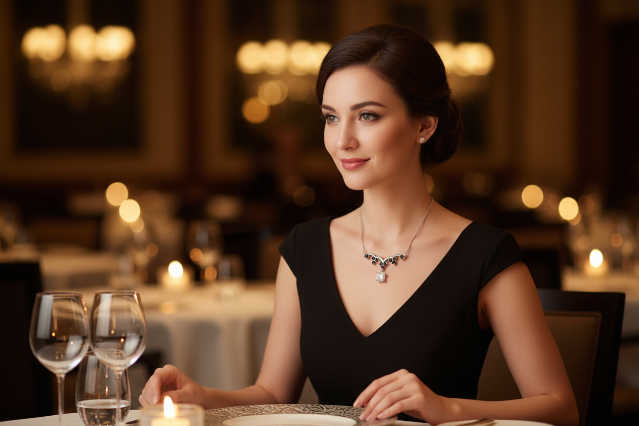 Sterling silver necklace with teardrop pendant and small bow-like charm links