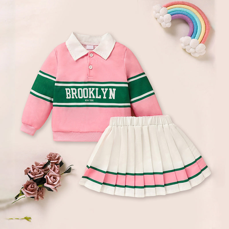 Toddler Girls 2 Piece Outfit Color block Letter Graphic Print Sweatshirt And Pleated Skirt Set