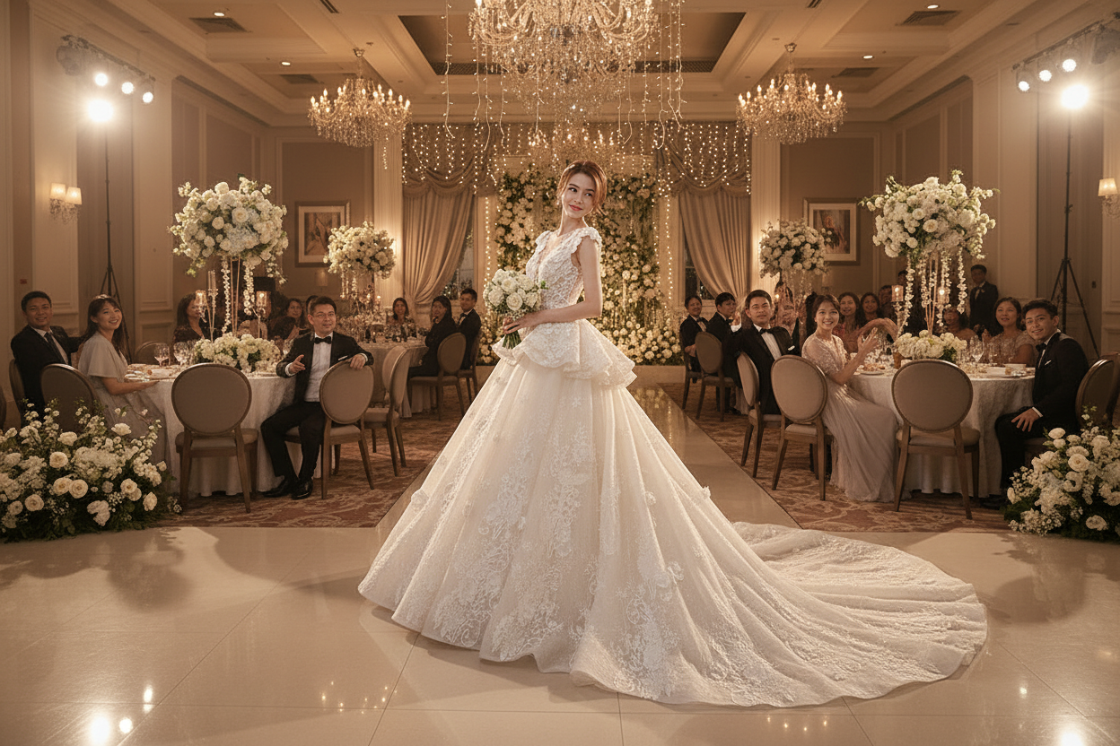 White lace bride gown with cap sleeves, fitted waist, and long flared skirt train