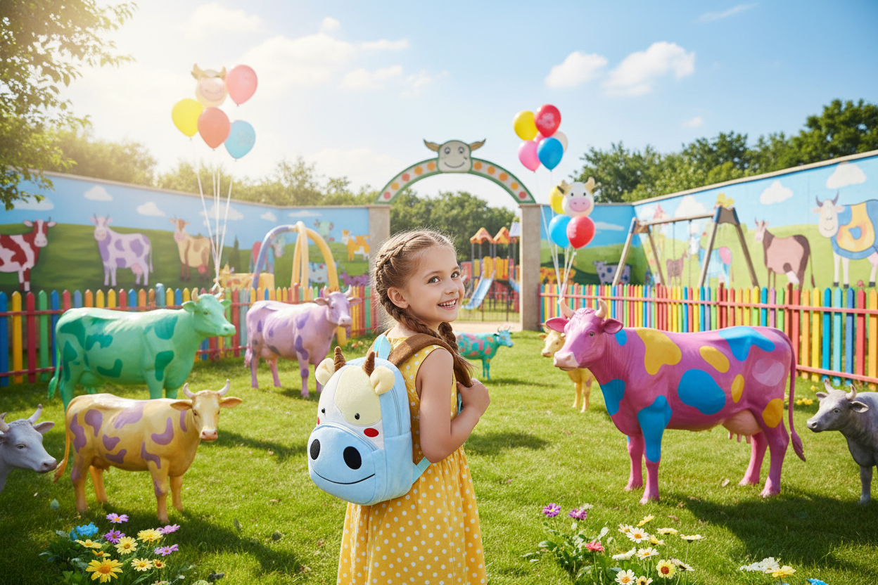 Small animal backpack in light blue with a cow face, rounded ears, and a front pouch