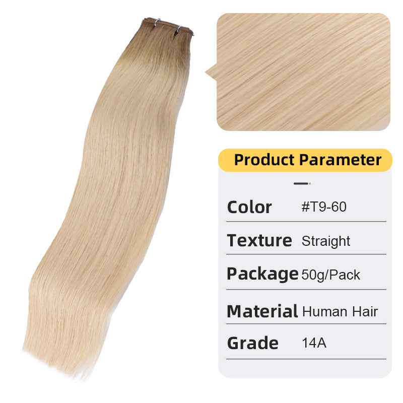 Straight human hair extension weft with small top clip, light golden blonde