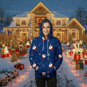 Blue Christmas hoodie with hood and scattered snowman and snowflake patterns