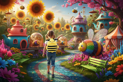 Yellow plush schoolbag with bee face and small wing details