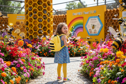 Yellow-and-black bee plush schoolbag with small face graphic on the front
