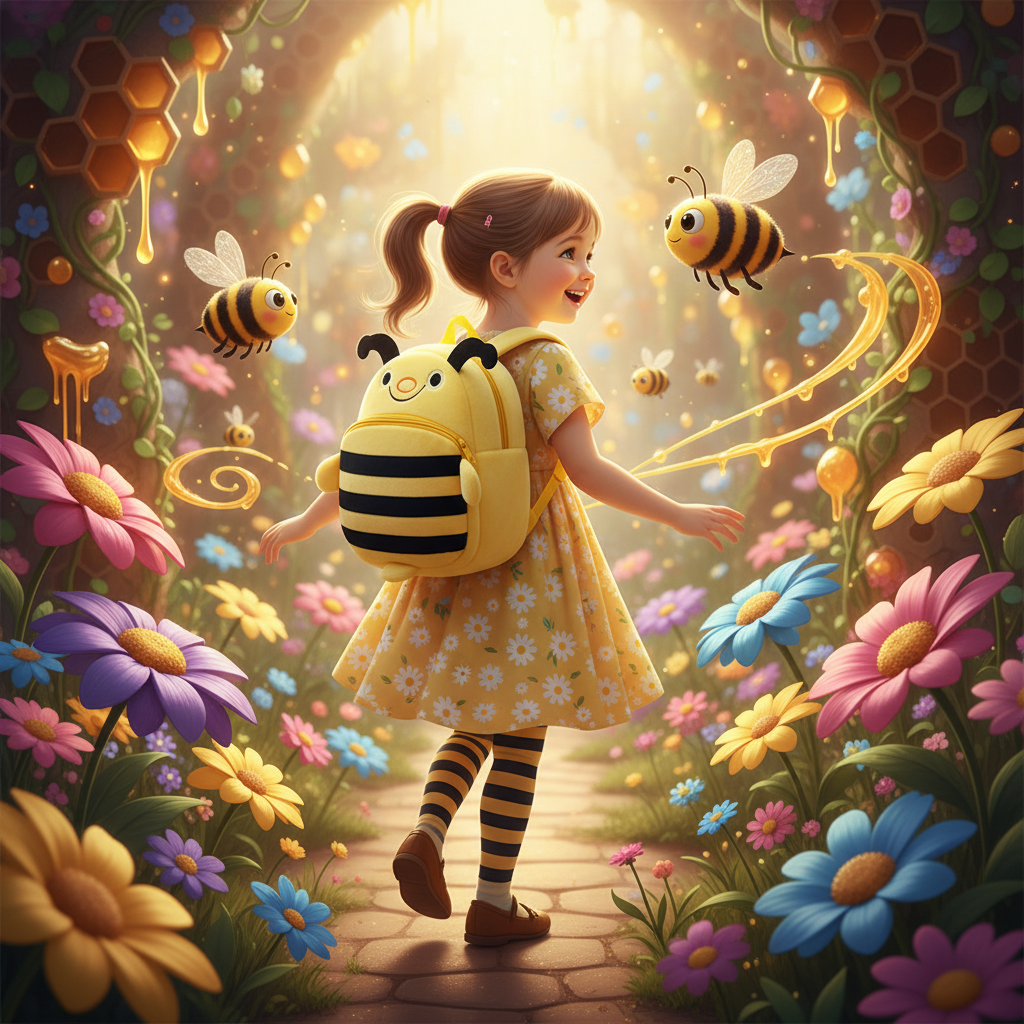 Plush toy schoolbag shaped like a striped bee, with front zipper and shoulder straps.