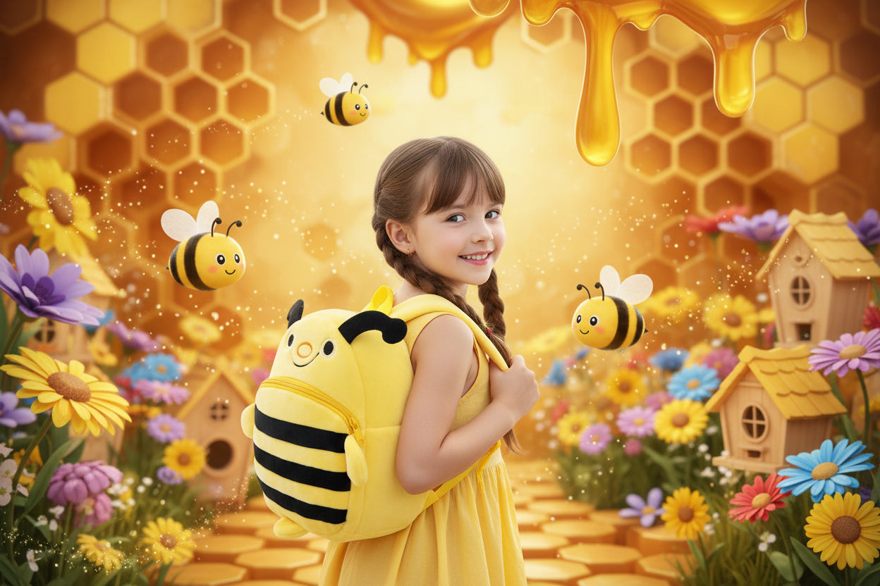 Yellow plush bee schoolbag with black stripe details and front face graphic