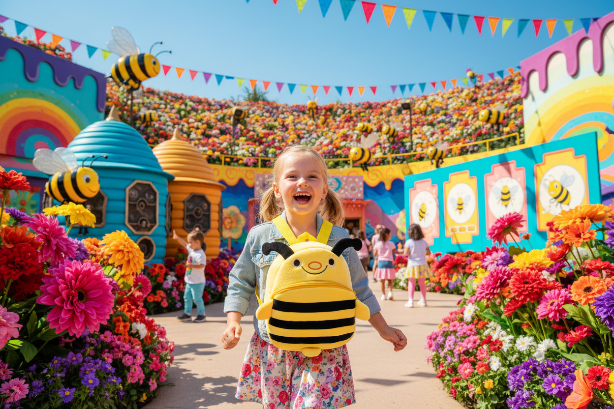 Yellow-and-black bee plush schoolbag with rounded front pocket and side straps
