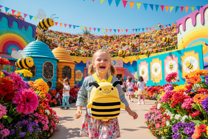 Yellow-and-black bee plush schoolbag with rounded front pocket and side straps