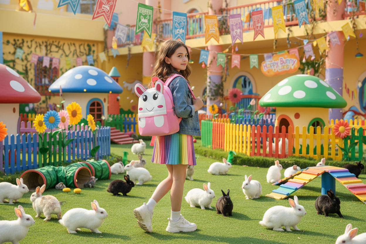 Pink bunny cartoon backpack with white face, ears, and front pocket, small size.