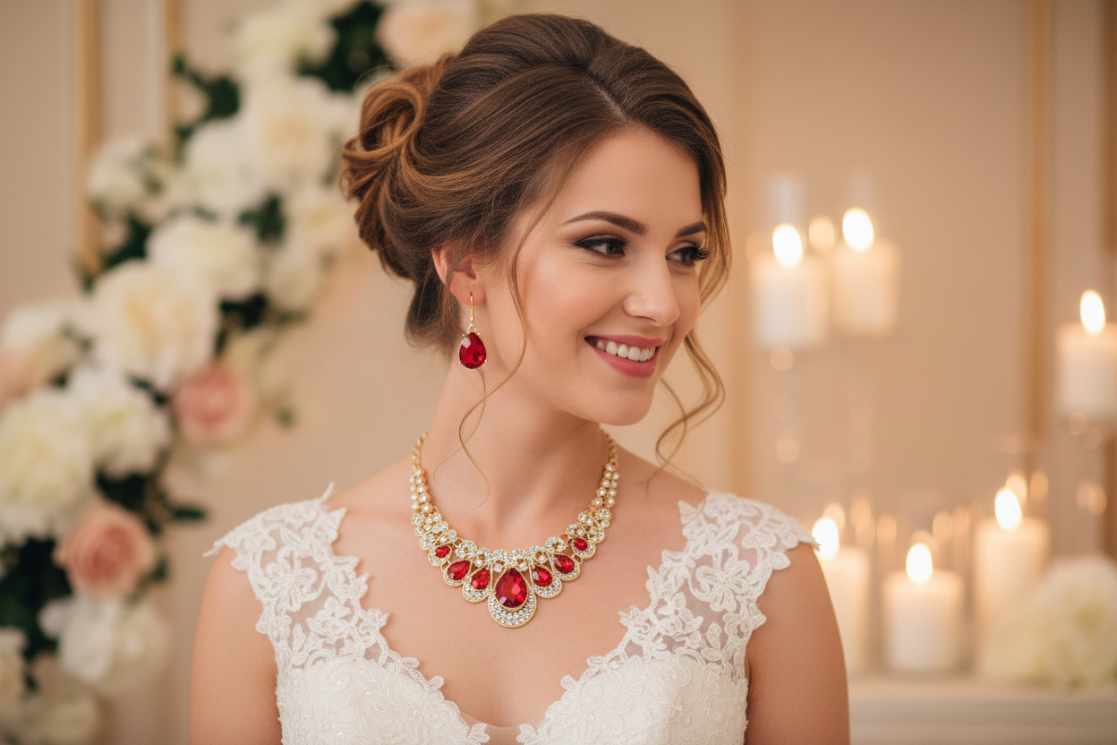 Rhinestone necklace with red and gold-tone accents and matching drop earrings