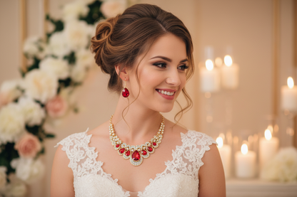 Rhinestone necklace with red and gold-tone accents and matching drop earrings