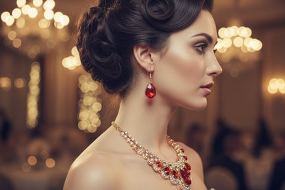 Gold-tone rhinestone necklace with red and teal teardrop accents and matching earrings
