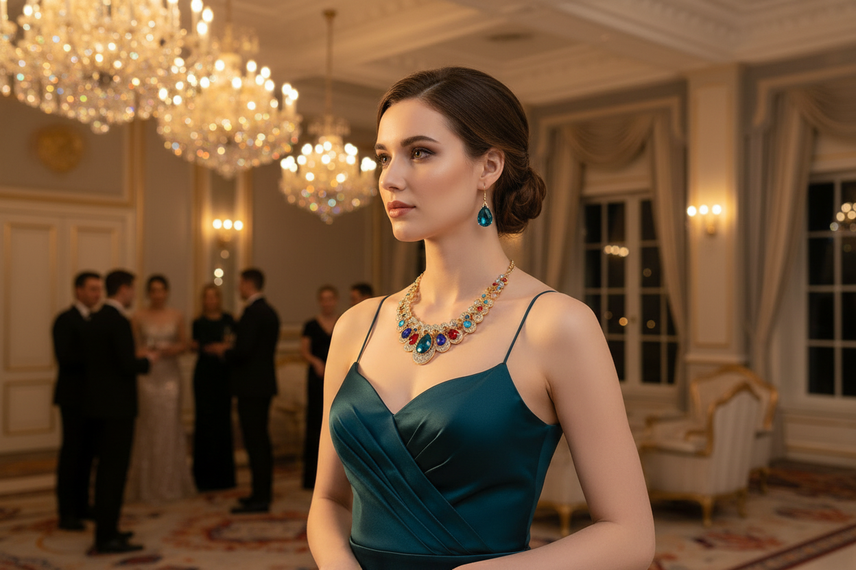 Teal gemstone rhinestone necklace with matching drop earrings on a teal satin dress