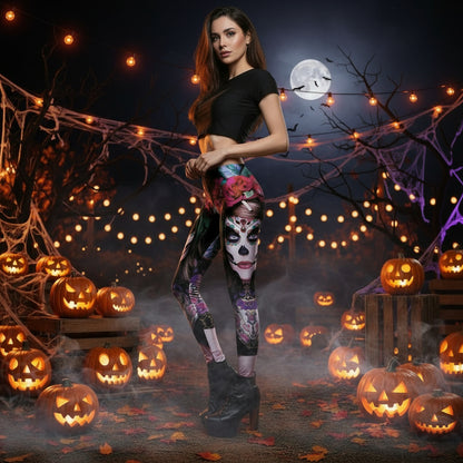 Halloween series ghost face women's printed cropped pants breathable sweat-absorbent sports leggings