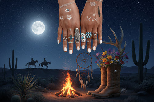 Boho vintage ring set: turquoise flower and engraved silver bands on fingers