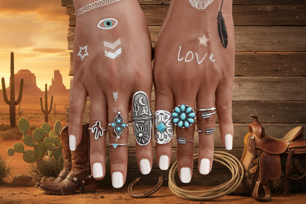 Boho vintage ring set: turquoise flower and hamsa-style engraved silver rings
