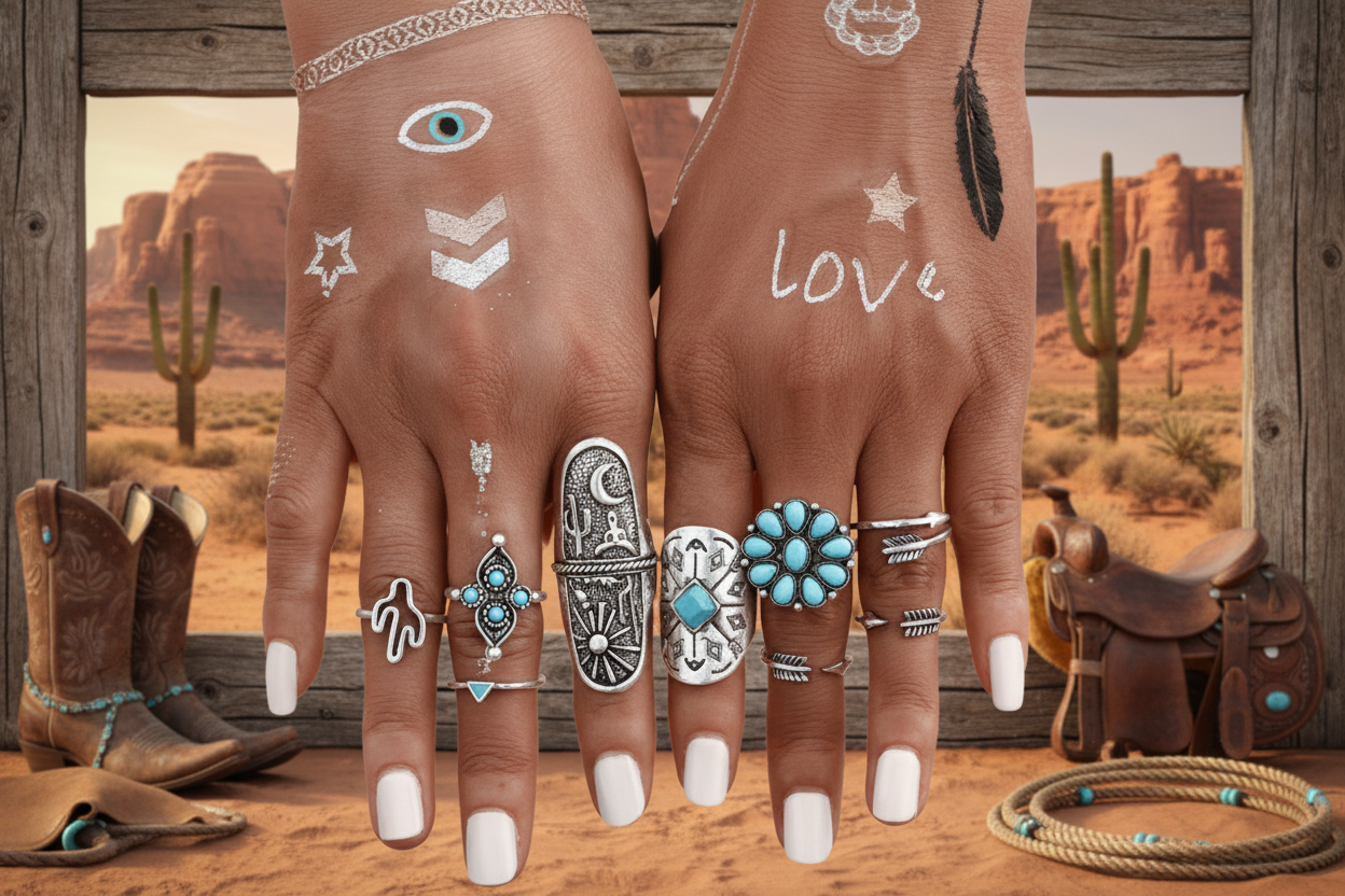 Boho vintage ring set with turquoise accents and multiple engraved silver rings