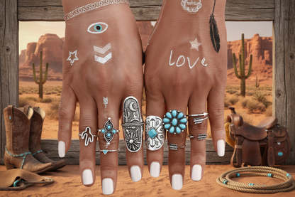 Boho vintage ring set with turquoise accents and multiple engraved silver rings