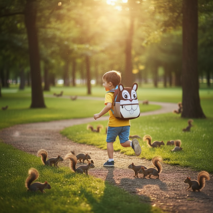 White-and-brown cartoon animal backpack with big round eyes and front pocket.