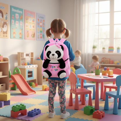 Pink and blue cartoon panda backpack with plush panda face