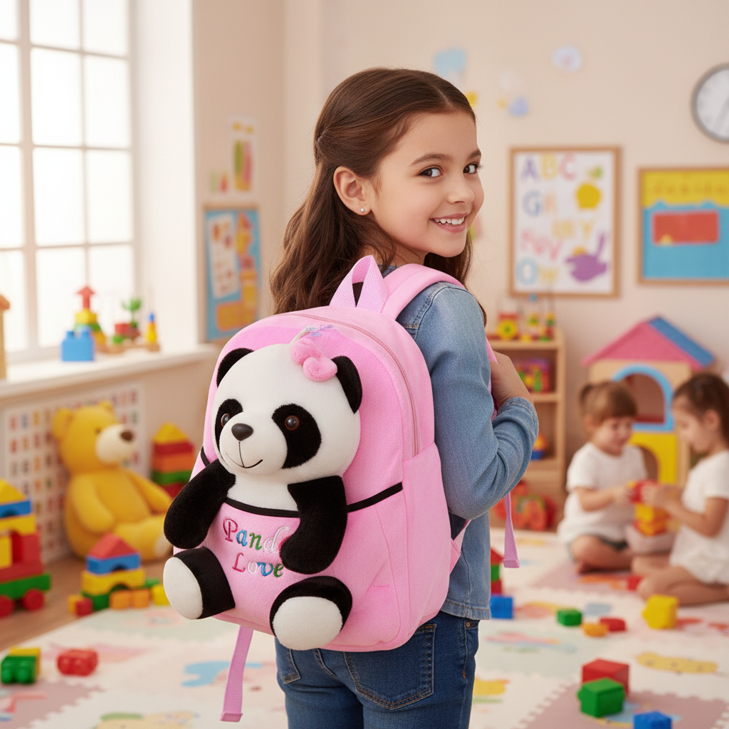 Pink cartoon panda backpack with plush panda face and bunny-ear charm
