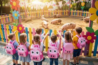 Small pink cartoon pig backpacks with front face design, multiple adjustable straps